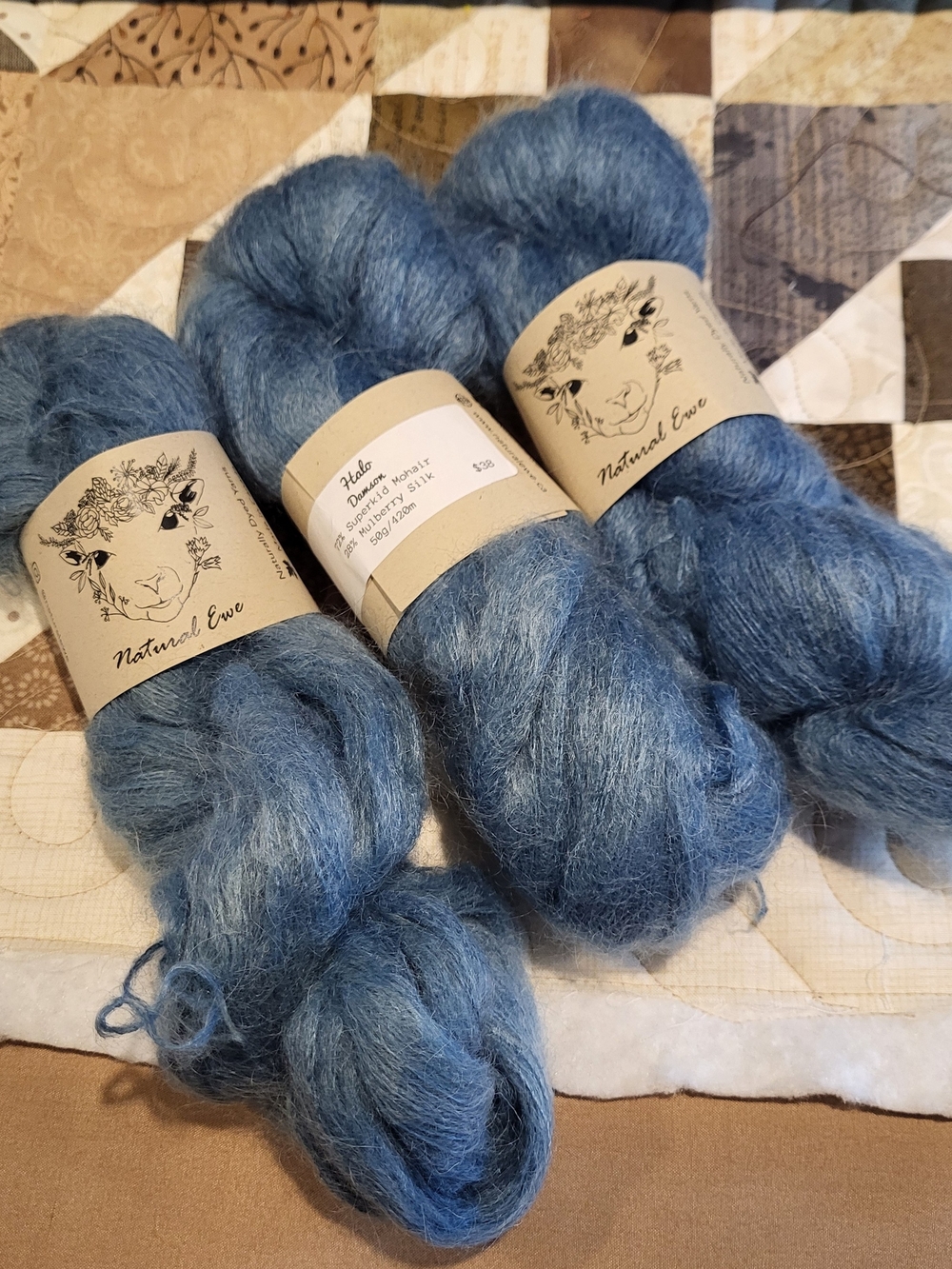 Natural Ewe Blue Mohair Silk Yarn - 3 Skeins